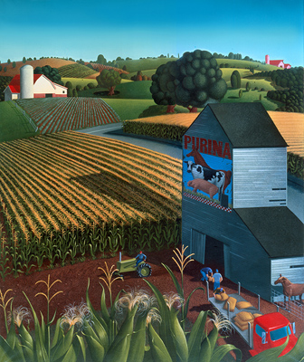 illustration of farm, landscape, agriculture, fields, Iowa, truck, crops, painting, oil, acrylic, tractor, Robert Crawford