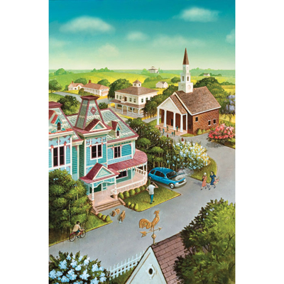illustration of street, houses, city, bookcover, painting, citiscape, oil, acrylic, neighborhood, hood, retro, families, Robert Crawford