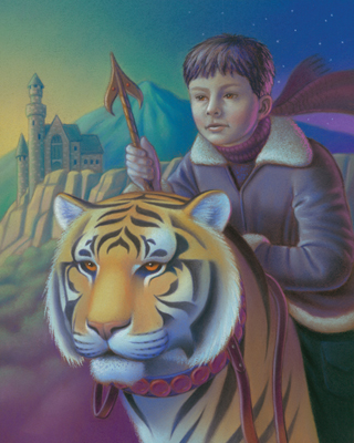 illustration of A brave boy riding his trusty tiger is getting ready for battle to protect his castle and his people.