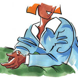 illustration of Line with Color, Painterly, Tempera, Watercolor, Humor, Character Development, Editorial, Greeting Cards, Leisure, People