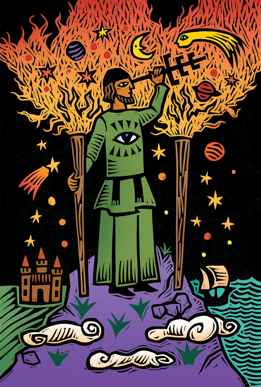 illustration of Tarot card from board game, Trust Me, I'm Psychic, by Spin Master Games. A medieval monk searches the night sky for new planets and stars. Linocut with digital color.