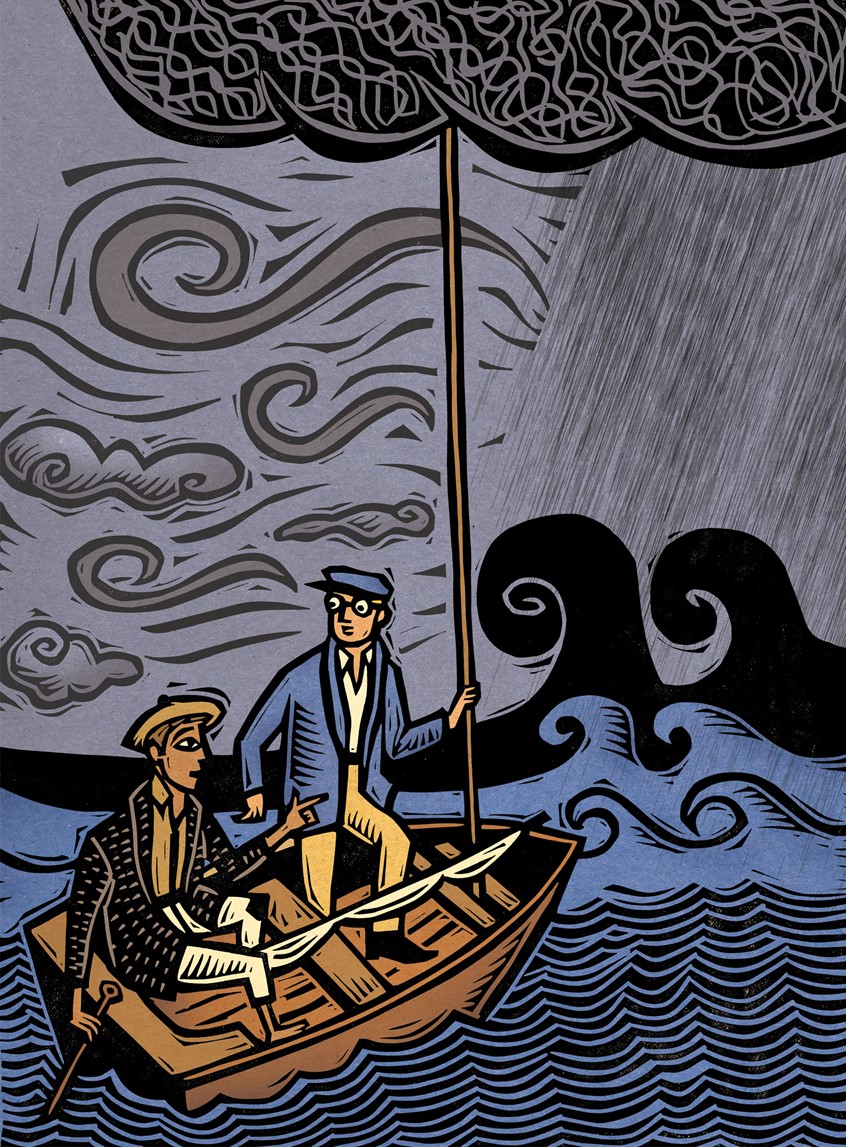 illustration of From educational picture book, One Light, for Gibbs Smith Education. Two boys battle a storm with the help of the lighthouse keeper at Assateague Lighthouse in Virginia. Historical fiction.