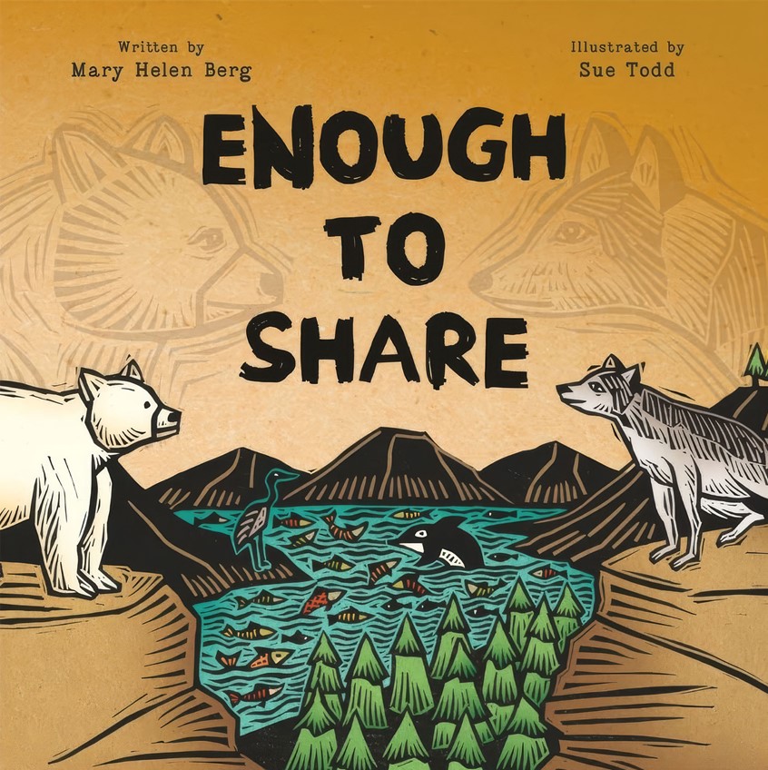 illustration of Non-fiction picture book about the Great Bear Rainforest. Educational and inspirational, the book teaches kids about this delicate ecosystem and ways to help conserve and protect the environment. Enough to Share follows Sea Wolf and Spirit Bear as they search for increasingly scarce food sources.