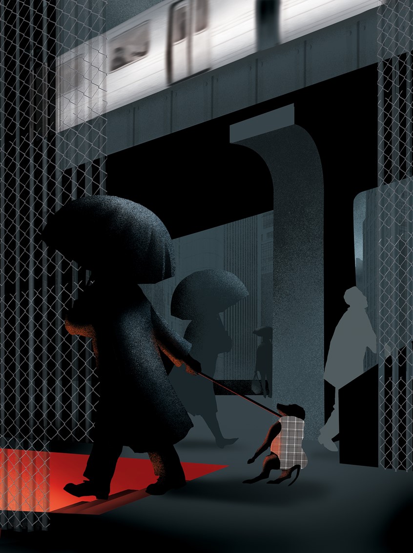 illustration of Conceptual illustration set in an urban cityscape subway station, portraying the idea that animals can sense danger before humans do. Conceptual, Digital, Painting, Animal, People, City, Dark Tones, Blue, Fire, Glow, Subway, Texture.