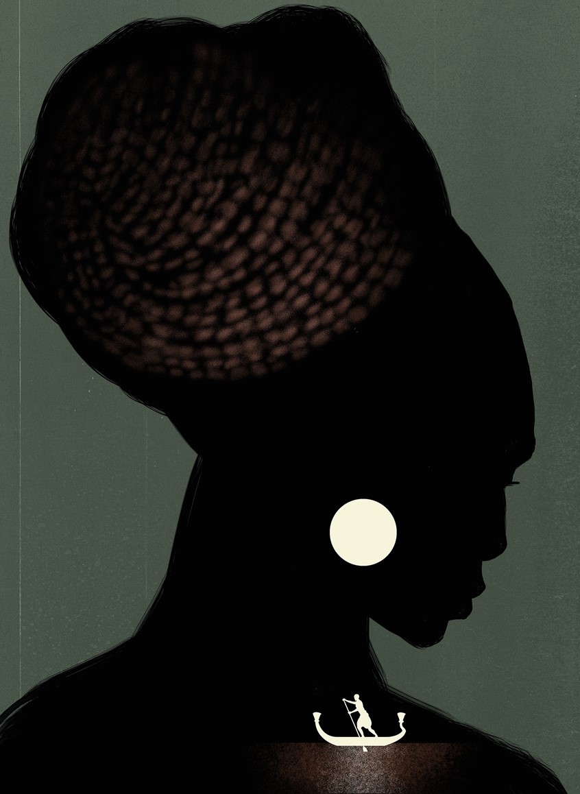 illustration of Conceptual illustration of a dream or vision set in a hot tropical night under a moonlit sky. Concept, Digital, Painting, Texture, Graphic, Moon, Boat, African, Woman, Earth Tones, Beauty, Night, Water.