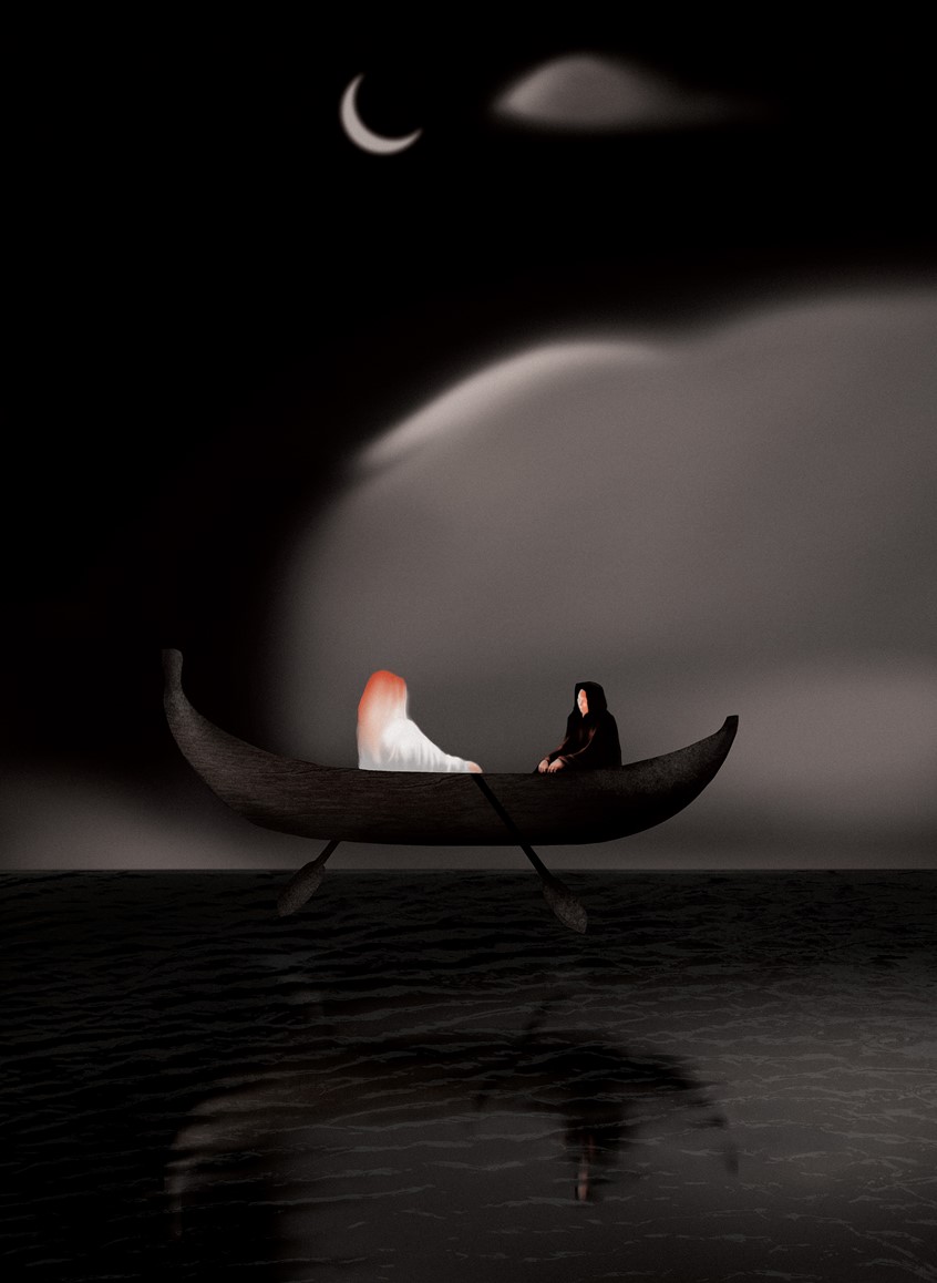 illustration of Conceptual illustration portraying the idea that we sometimes have to believe and trust in something bigger than ourselves. Depicted by a boat with someone else steering hovering over open waters. Concept, Illustration, Digital, Spiritual, Boat, Water, Night, Moon, Clouds, Dark Tones, Mystery, Allegory.
