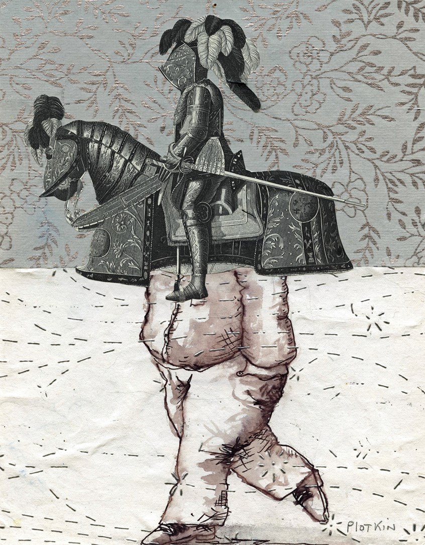 illustration of Editorial, illustration, portrait, warrior, business, banking, political, art, cartoon, collage, Plotkin, Spontoonist, knight, King Arthur, sales,