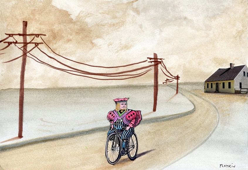 illustration of King, Bicycle, Royalty, Majestic, editorial, illustration, book cover, children's books, nature, fantasy, Plotkin, Spontoonist, landscape, highway,