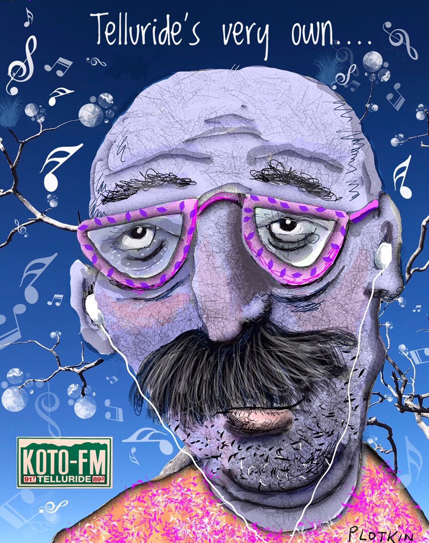 illustration of Radio, FM, dj, electronic, media, Plotkin, spontoonist, portrait, headphones,music,entertainment,culture,mountains,telluride,colorado,snow,skiing,face,faces,rock and roll, jazz, records,cd, air.