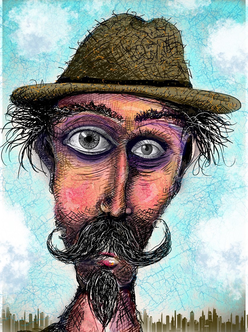 illustration of portrait, man, hat, illustration, west, Colorado, California, art, cartoon, collage, eyes, Spontoonist, editorial, book cover, children's books, culture, nature