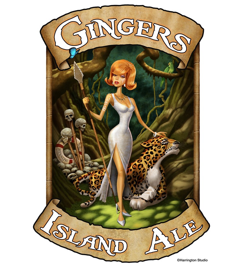 illustration of Beer label, ale, beer, jungle, ginger, island, beautiful, woman, redhead, character, fantasy, lagoon, leopard, butterfly, beverage, drink, cocktail, packaging, branding, cookbook, photo-realistic, photorealism, hyper-realism, best illustration, quality, art, design, flavor, food,