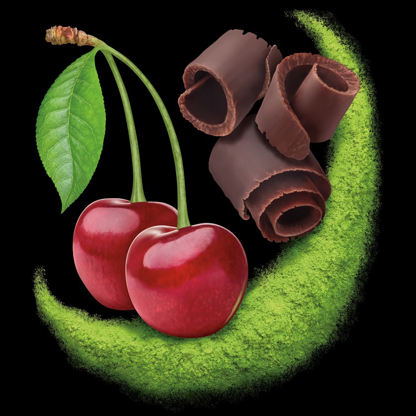 illustration of Dark chocolate, cherry, cherries, fruit, healthy, matcha tea, leaf, recipe, packaging, branding, cookbook, photo-realistic, photorealism, hyper-realism, cuisine, cooking, organic, best illustration, quality, art, design, vegan, natural, flavor, food