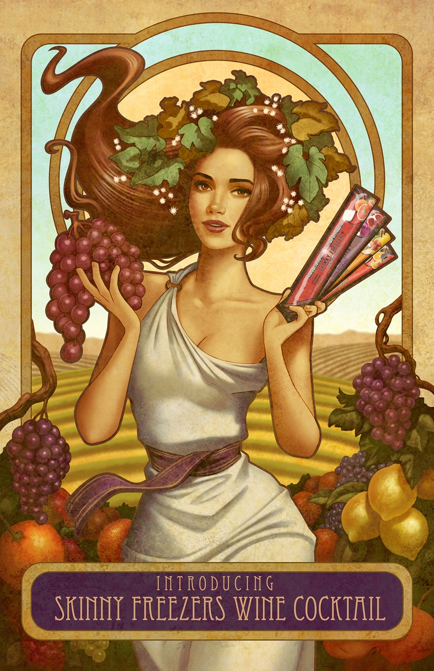 illustration of fruit, grapes, wine, Popsicle, Victorian, woman, orange crate, vineyard, art deco, Deco, vintage, retro, slim, chillers, skinny, freezers, frozen, alcohol, packaging, branding, best illustration, quality, art, design flavor,