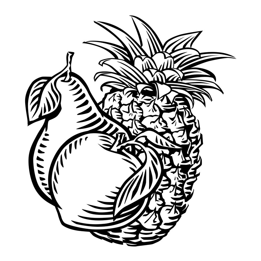 illustration of Fruit, woodcut, etching, engraving, graphic, pineapple, peach, pear, fresh, package, label, branding, recipe, cuisine, cooking, organic, best illustration, quality, art, design, vegan, natural, flavor, food, healthy