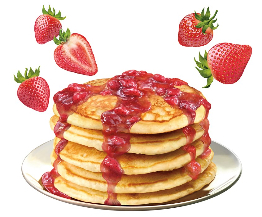 illustration of Strawberries, pancakes, breakfast, flapjacks, syrup, strawberry, pourable, fruit, fresh, produce, puree, juice, sweet, juicy, food, recipe, packaging, branding, cookbook, photo-realistic, photorealism, hyper-realism, breakfast, cuisine, cooking, organic, best illustration, quality, art, design, natural, flavor, food, healthy, health