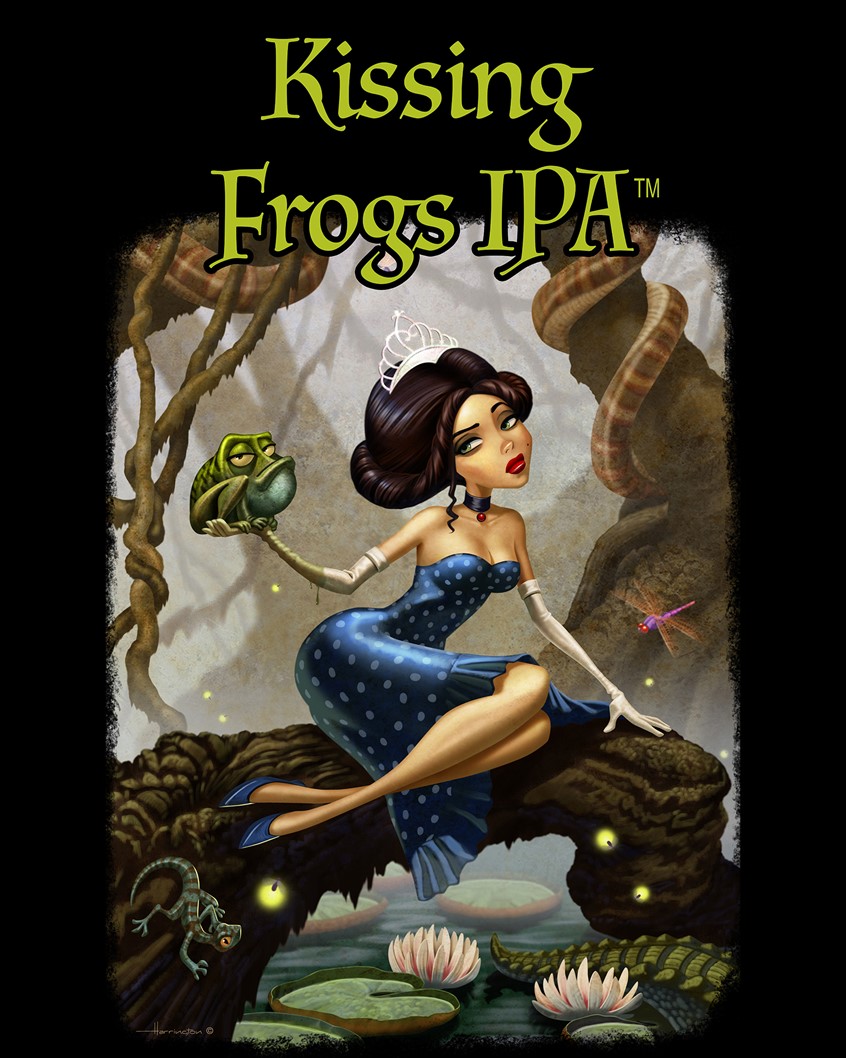illustration of Princess, frog, beer, label, ale, jungle, swamp, island, beautiful, woman, girl, toad, lagoon, fog, creepy, alligator, snake, firefly, fantasy, character, beverage, drink, cocktail, packaging, branding, cookbook, realistic, photorealism, best illustration, quality, art, design, flavor, food,