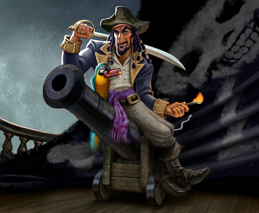 illustration of pirate, parrot, sword, cannon, pirate ship, slim shooter, character, character design, beverage, drink, cocktail, alcohol, packaging, branding, rum, realistic, best illustration, quality, art, design, flavor, food,