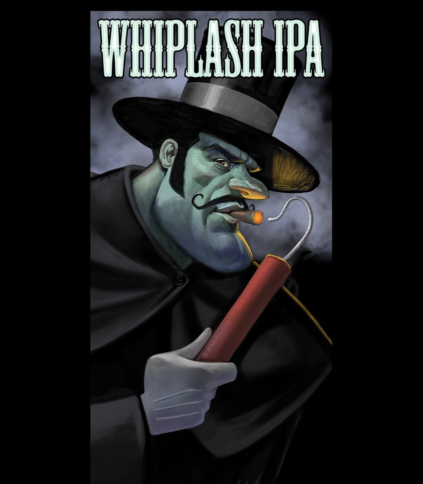 illustration of Whiplash, IPA, beer, ale, craft, brew, stout, alcohol, lager, character, cartoon, villain, label, bottle, packaging, branding, photo-realistic, photorealism, hyper-realism, refreshing, best illustration, quality, art, design, flavor,