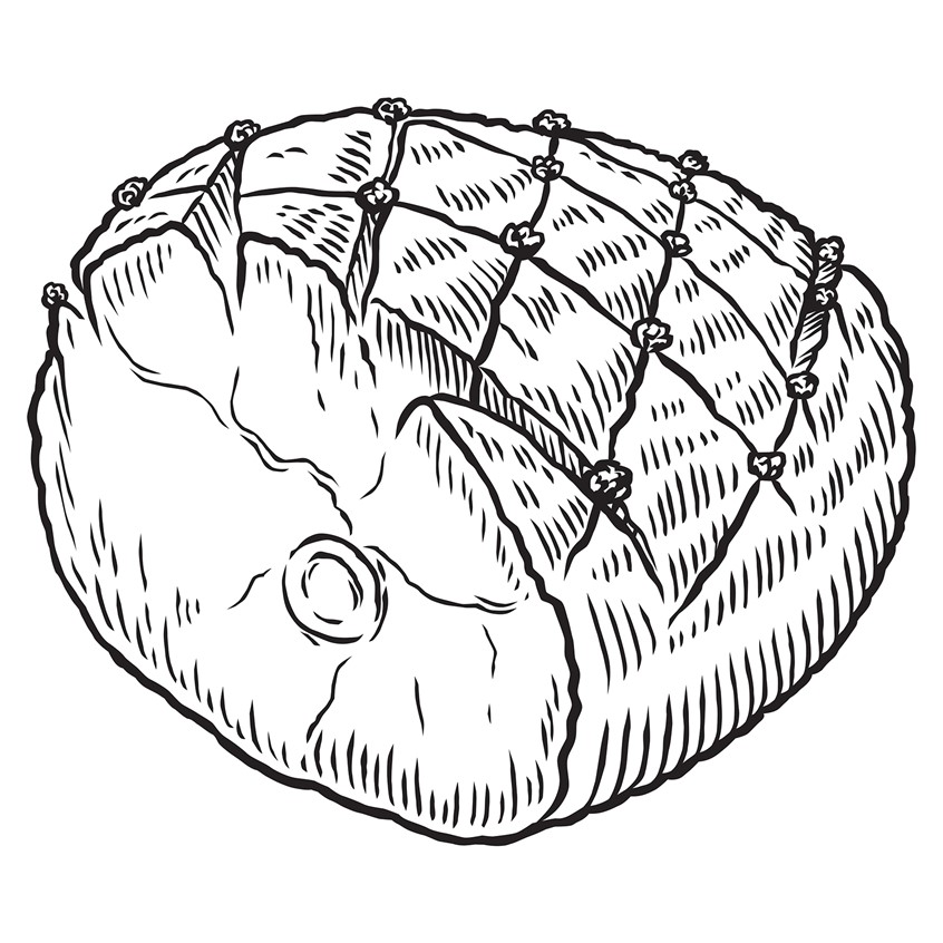 illustration of Woodcut, vintage, ham, pork, meat, dinner, woodcuts, etching, engraving, graphic, seasoning, package, label, branding, recipe, cuisine, cooking, organic, best illustration, quality, art, design, protein, natural, flavor, food, healthy
