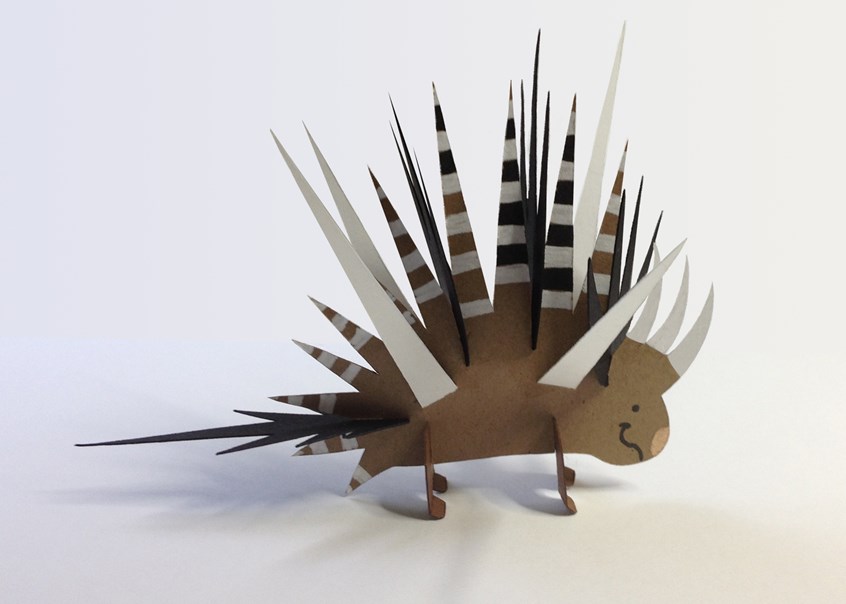 illustration of Porcupine sculpture constructed from cut paper and painted. Fun as an illustration but also for children to build and paint. Whimsical but accurate. The spines and tail are based on the real animal. digital, Photoshop, Adobe, Adobe Photoshop, Adobe Illustrator, vector, kids can build, children can make. making, maker