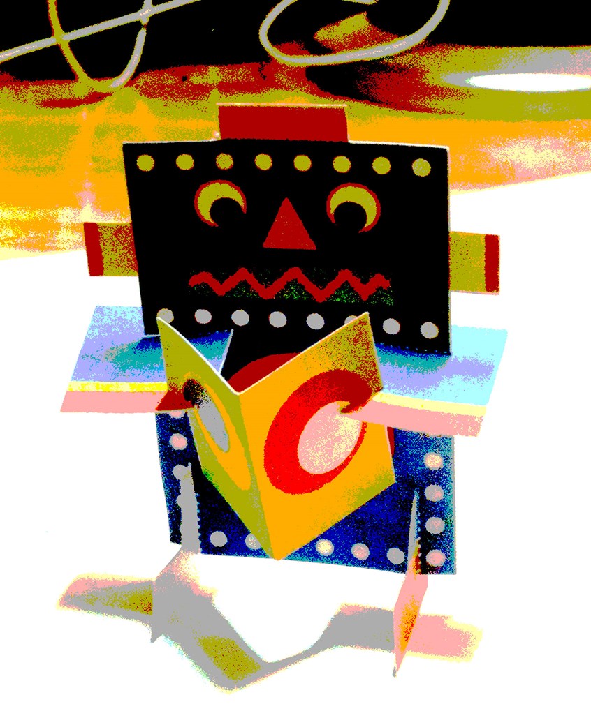 illustration of This whimsical reading robot is a paper sculpture constructed from cut paper. Color is digital, but children can be given the pieces without color to build and paint their own robots. digital, Photoshop, Adobe, Adobe Photoshop, Adobe Illustrator, vector, folding, folded, foldable, kids can build, children can make. making, maker