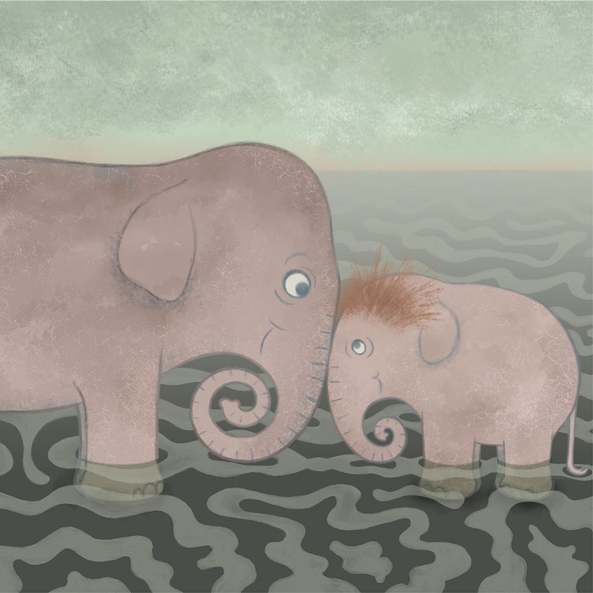 illustration of Mommy and Baby Elephants. elephants, animal, family, mommy and baby, picture book, spilliaert style, fine art reference, sweet, loving, love, trunk, indian elephants, water, wading, nature, nature for kids, nature for children, painterly, digital, watercolor, photoshop, adobe, adobe photoshop, adobe illustrator, vector,