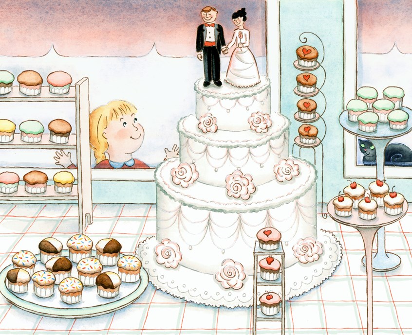 illustration of One Bright Ring: Final Page. happiness, happy, happy couple, romance, cupcakes, colors, colorful cupcakes, marriage, girl watches, smiling, smiles, picture book, Henry Holt publisher, story, child helper, observation, child observer, old-fashioned, marriage, wedding ring, urban setting, black cat, love, family, counting book, New York Times review, Boston Globe review, painterly, digital, watercolor, photoshop, adobe, adobe photoshop, adobe illustrator, vector