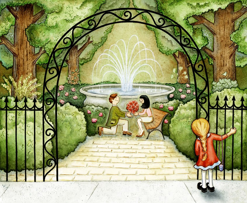 illustration of One Bright Ring: Proposal. girl watches, girl must act, girl must decide, thinking, city garden, beautiful, plants, gate, wrought iron, fountain, man on one knee, diversity, picture book, Henry Holt publisher, story, child helper, observation, child observer, old-fashioned, marriage, wedding ring, urban setting, black cat, love, family, counting book, New York Times review, Boston Globe review, painterly, digital, watercolor, photoshop, adobe, adobe photoshop, adobe illustrator, vector