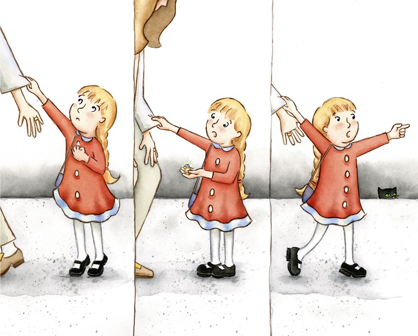 illustration of One Bright Ring: Three Tugs on Mommy’s Sleeve. child knows, girl knows, girl knows more than adults, mommy follows, picture book, Henry Holt publisher, story, child helper, observation, child observer, old-fashioned, marriage, wedding ring, urban setting, black cat, love, family, counting book, New York Times review, Boston Globe review, painterly, digital, watercolor, photoshop, adobe, adobe photoshop, adobe illustrator, vector,