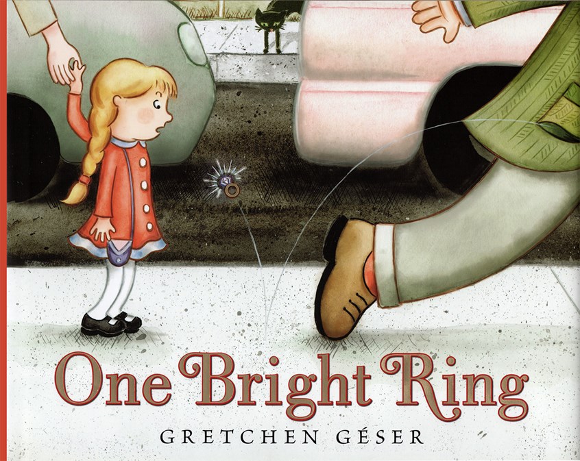 illustration of One Bright Ring Cover. picture book cover, surprise, picture book, Henry Holt publisher, story, child helper, observation, child observer, old-fashioned, marriage, wedding ring, urban setting, black cat, love, family, counting book, New York Times review, Boston Globe review, painterly, digital, watercolor, photoshop, adobe, adobe photoshop, adobe illustrator, vector