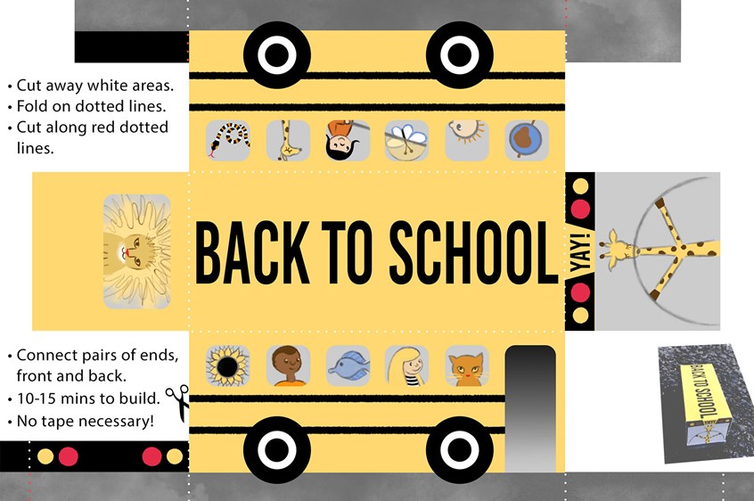 illustration of 2D Template to Print for 3D School Bus. 2D template for 3D School Bus, flat. animal passengers, students, digital, watercolor, Photoshop, Adobe, Adobe Photoshop, Adobe Illustrator, vector, to fold, folding, foldable, kids can build, children can make. making, maker