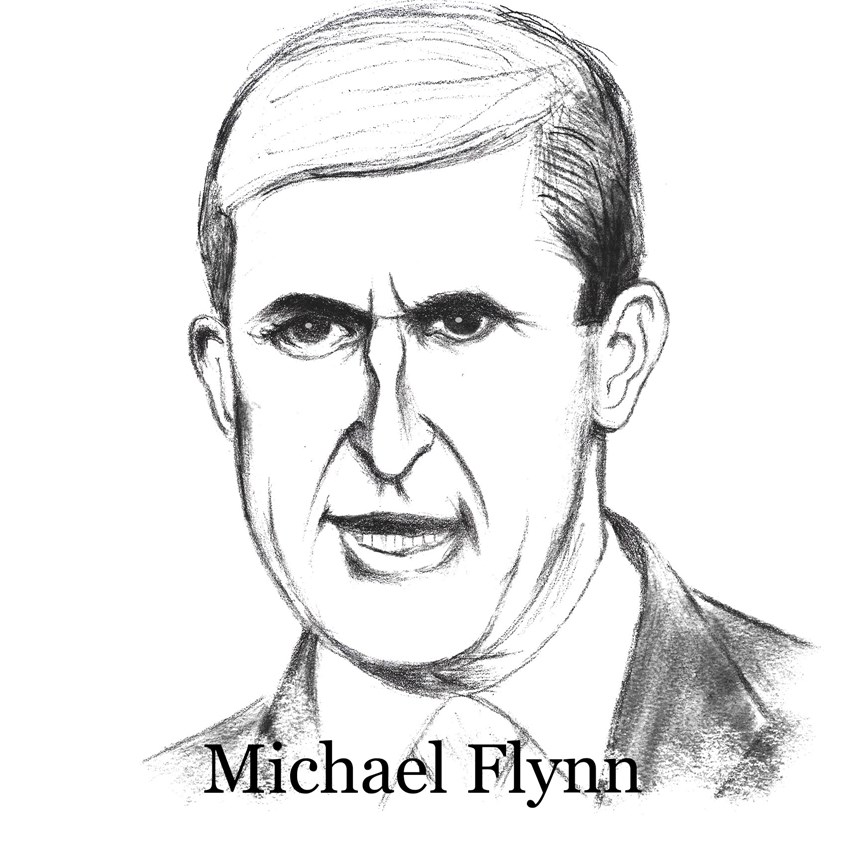 illustration of Michael Flynn, former National Security Advisor to Trump. retired United States Army Lieutenant General, Sentenced to prison, portrait, black and white, drawn quickly because in the news now, sketch, sketchy, could be in color if preferred, or could be painted digitally and be less sketchy, political, politics, current, Trump, Mueller