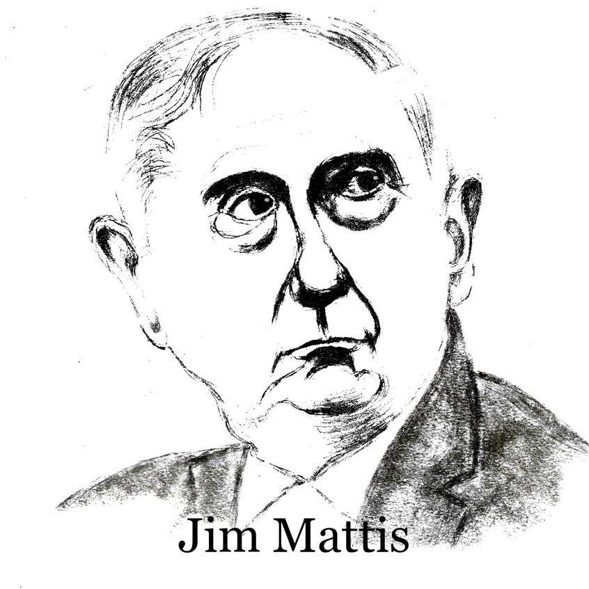illustration of Former Defense Secretary Jim Mattis. Resigned, portrait, black and white, drawn quickly because in the news now, sketch, sketchy, could be in color if preferred, or could be painted digitally and be less sketchy, political, politics, current, Trump, Mueller
