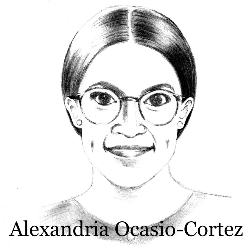 illustration of Congresswoman Alexandria Ocasio-Cortez. Youngest congresswoman ever, Democrat. Bronx, socialist, woman, female, U.S. House of Representatives, activist, portrait, black and white, drawn quickly because she's in the news now, sketch, sketchy, could be in color if preferred, or could be painted digitally and be less sketchy, political, politics, current. blue wave