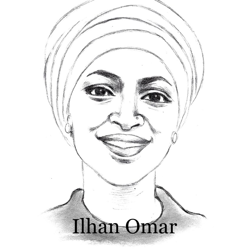 illustration of Congresswoman Ilhan Omar. Democrat. woman, female, U.S. House of Representatives, portrait, black and white, drawn quickly because she's in the news now, sketch, sketchy, could be in color if preferred, or could be painted digitally and be less sketchy, political, politics, current, blue wave, Muslim, head scarf, hijab.