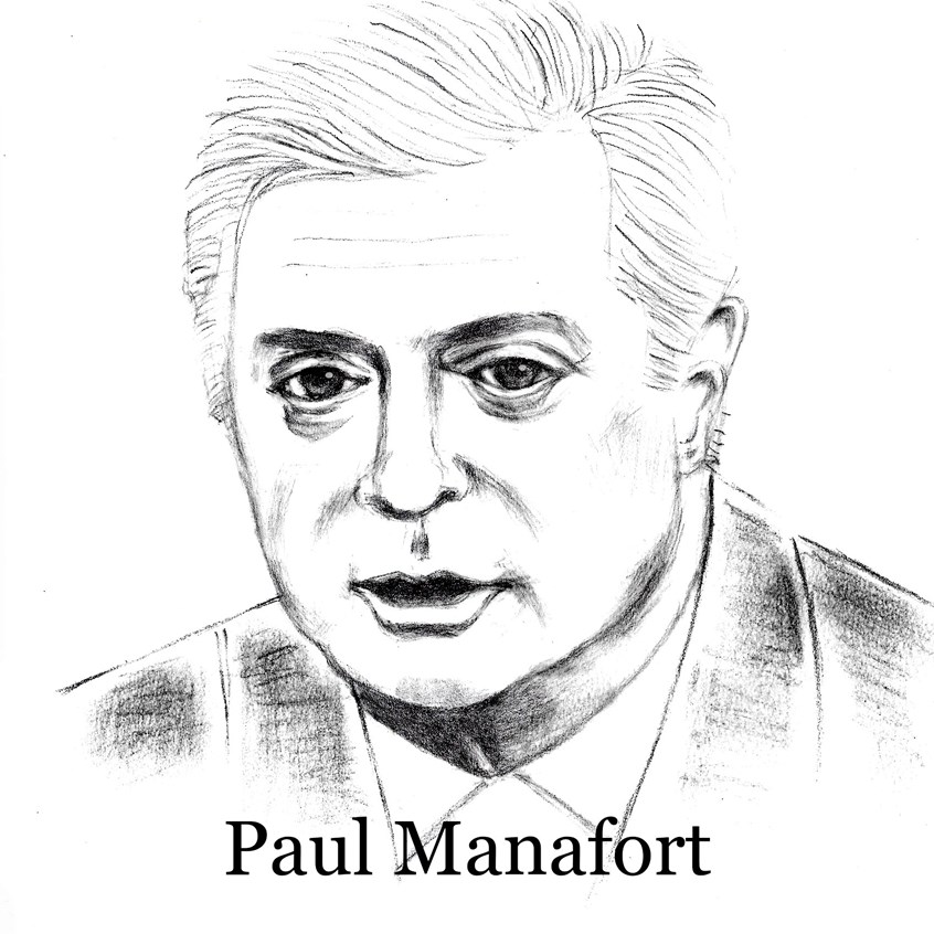 illustration of Paul Manafort, former Trump campaign advisor. He is going to prison, portrait, black and white, drawn quickly because in the news now, sketch, sketchy, could be in color if preferred, or could be painted digitally and be less sketchy, political, politics, current, Trump, Mueller