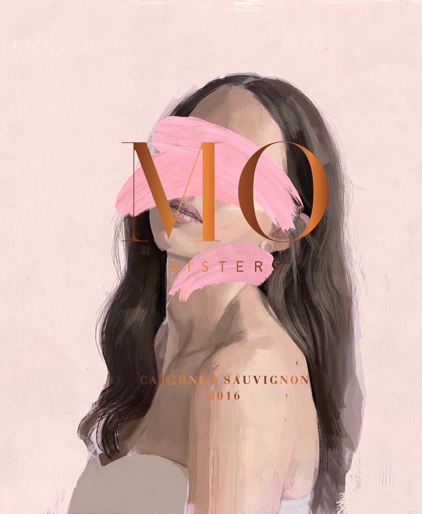 illustration of Branding illustration by Marta Zafra for MO Sisters Wine - of the Kingston Estate - as part of a series reflecting the winemakers 3 daughters. Used on the wine labels and for their branding, particularly across social media. Images produced digitally in an oil painting style. Portrait, pink, pastel, painterly.
