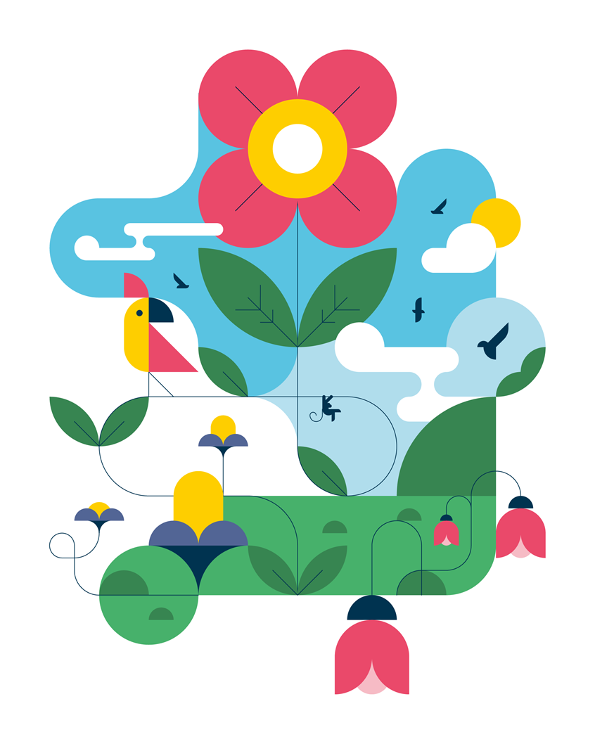 illustration of Minimalist, geometric joyful vector shapes illustration, flat, flat design, happiness, joy, nature, landscape, jungle, wildlife, round curve, cheerful, vibrant, uplifting, serene, peaceful, dreamy, optimistic, tropical, botanical, lush, verdant, exotic, foliage, leaves, plants, flora, fauna, animals, birds, trees, forest, rainforest, canopy, habitat, ecosystem, rounded, soft edges, flowing, smooth, blob, wavy, bubbly, layered, cutout, paper style, collage