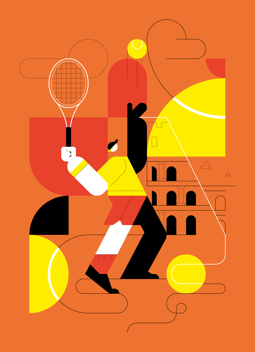 illustration of For Esquire Italy. Sport, tennis, minimalist, joyful vector illustration of jannik sinner for Esquire Italy for editorial purpose. simple geometric, geometrical, vector shapes, flat, flat design, happiness, joy, sport.