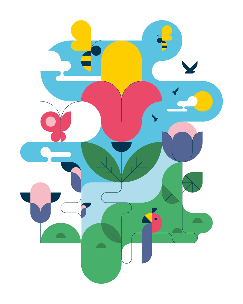 illustration of Minimalist, geometric joyful vector shapes illustration, flat, flat design, happiness, joy, nature, landscape, jungle, wildlife, round curve, cheerful, vibrant, uplifting, serene, peaceful, dreamy, optimistic, tropical, botanical, lush, verdant, exotic, foliage, leaves, plants, flora, fauna, animals, birds, trees, forest, rainforest, canopy, habitat, ecosystem, rounded, soft edges, flowing, smooth, blob, wavy, bubbly, layered, cutout, paper style, collage