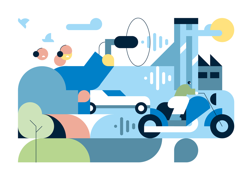 illustration of Urban Development, City Construction, Infographic Design, Modern Infrastructure, Growth And Progress, Urban Noise Measurement, Sound Level Monitoring, City Acoustics, Environmental Noise, Urban Soundscapes, Acoustic Survey, Public Health Monitoring,