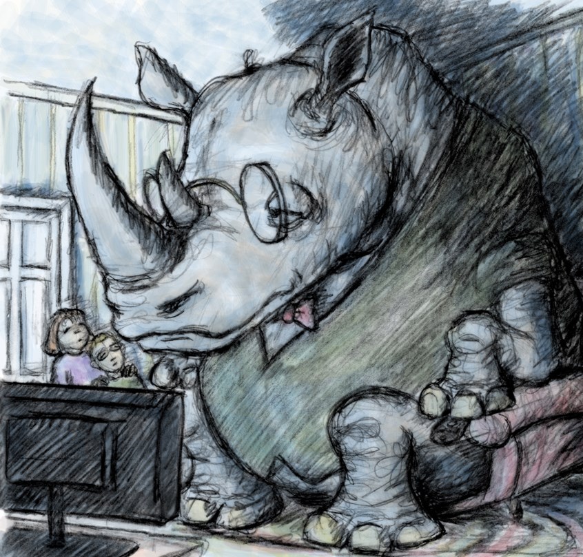 illustration of A conceptual illustration about a rhinoceros that would not leave the house.
Guest, Problem, Home, Interior, Large, Big, Rhino, Surprise, Children, Brother, Sister, Television, TV, Watching, Illustrator, Line, Bow Tie, Line, Art, Design, Artist, Remote, Worried, Predicament, Awkward, Character Design, Picture Book, Children's Book, Picture, Story, Fiction, Whimsical, Humorous, Drawing, Huge, Massive, Comfortable, Uninvited,