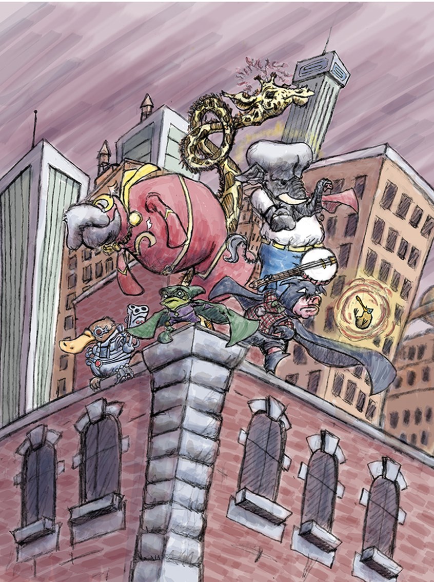 illustration of Alphabet picture book Illustration. S is for seven silly superheroes silently searching for sly scoundrels from skyscrapers.
Illustrator, Artist, Art, Design, Alliteration, Fantasy, Fiction, Story, Fun, Elephant, Pig, Banjo, Frog, Kiwi, Giraffe, Platypus, Line, Hero, Buildings, Children's Book, Children, Whimsical, Humor, Fun, Capes, Stretch, Science Fiction, Comic Book, Cover, Book,