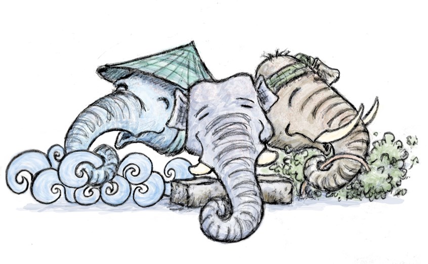 illustration of Cover Page Illustration for the unpublished children's book, Three Puny Pachyderms.
Elephants, Picture Book, Character Design, Asia, Fun, Whimsical, Animals, Fairy Tale, Fantasy, Illustration, Illustrator, South East Asia, Art, Artist, Line, Wildlife, Animal, Hat, Children, Story Book, Character, Cover, Novel, Picture, Literature, Design, Happy, Joyful, Family, Brothers, Sister, Folk Tale, Cultural,