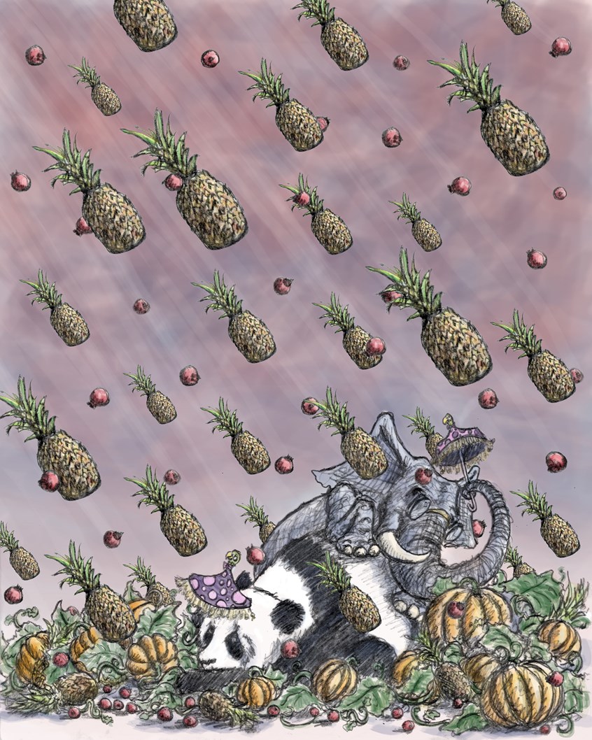 illustration of Alphabet picture book Illustration. P a peculiar pair precariously placed within a pumpkin patch in a perilous predicament of a plethora of pouring pineapples and pomegranates perilously pelt pretty, puny, purple and pink polka-dotted parasols. Umbrella, Storm, Fruit, Panda Bear, Elephant, Animals, Wildlife, Tropical, Whimsical, Children's Book, Children, Design, Art, Artist, Illustrator, Line, Funny, Fiction, Story, Cover,