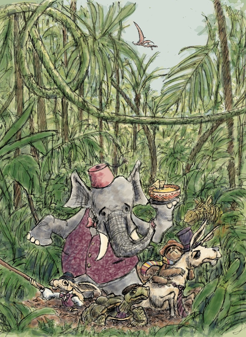 illustration of Alphabet picture book Illustration. Q is for The quintessential quasi quintuplet of quirky, quixotic, quadrupeds quaintly questing with a quarter-staff and queso, for quaggas and a quetzalcoatlus in a quagmire of quicksand to qualify for the quaich. Elephant, Sloth, Llama, Rabbit, Tortoise, Bow Tie, Jungle, Story, Illustrator, Artist, Art, Design, Story, Children, Children's Book, Wildlife, Animals, Hat, Tie, Food, Extinct, Dinosaur, Alphabet, Line, Fantasy, Fiction, Cover,