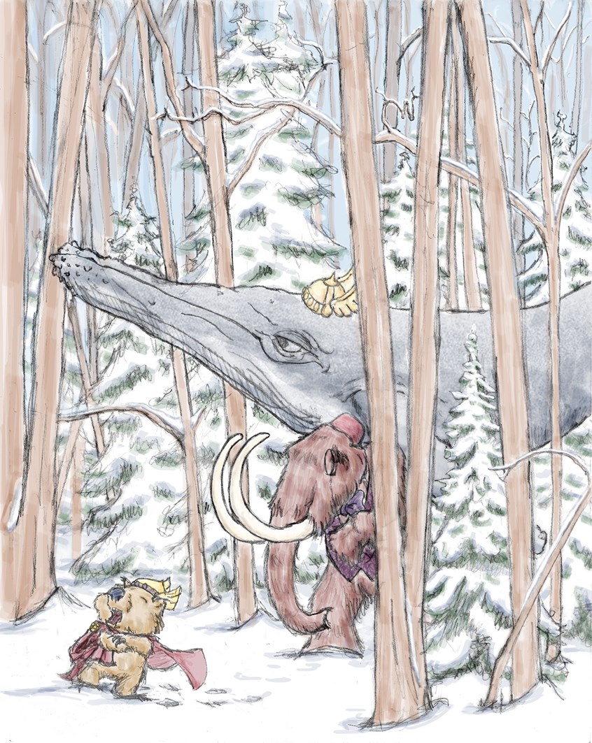 illustration of Alphabet picture book Illustration. W while wondering within a wooded winter wonderland a whale, wooly mammoth, and wombat, wax Wagnerian wearing a wacky wealthy wardrobe. Bow Tie, Elephant, Prehistoric, Fantasy, Forest, Snow, Tree, Landscape, Helmut, Wildlife, Animals, Picture, Novel, Cover, Story, Fiction, Children's Book, Children, Fun, Whimsical, Humorous, Illustrator, Design, Artist, Art, Aliteration