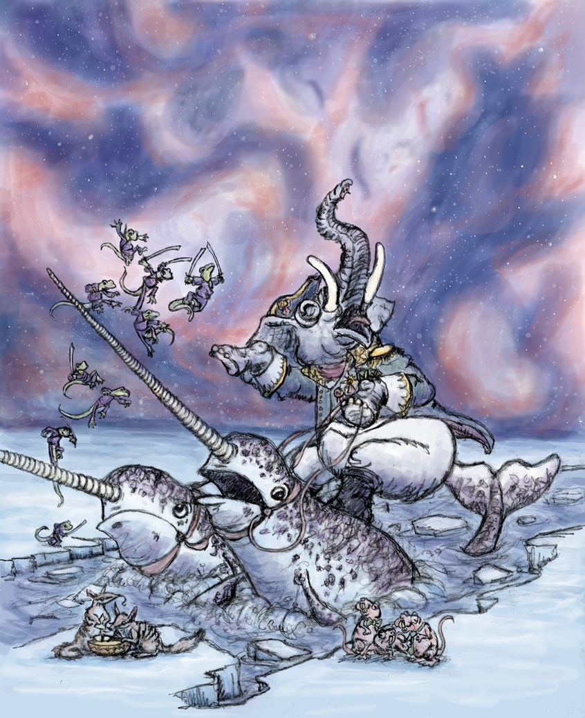illustration of Alphabet picture book Illustration, N is for a nearsighted napoleonic navy Nabob (elephants) navigating nervous narwhals not so nicely through narrows near numbats nibbling nachos, nine nefarious newt ninjas, and naïve nerdy naked mole rats needing neither necklaces nor neckties ‘neath the nebulous northern night, North, Sky, Fiction, Fantasy, Aquatic, Story, Cover, Illustrator, Art, Artist, Design, Alphabet, Whale, Rats, Creatures, Character Design, Character, Children, Children's Book