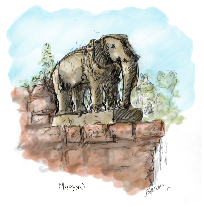 illustration of On Site Sketch of the Mebon Temple in Cambodia. Digital, Painted, Pencil, Sketch, Elephant, Statue, Ruins, Architecture, Asia, South East Asia, Tourist, Travel, Pencil, Romance, Romantic, Illustrator, Illustration, Artist, Art, Design, Line, Color, Animal, Vacation, Postcard, Mysterious, Culture, Cultural, Trip, Sightseeing, Explore, Destination, Getaway