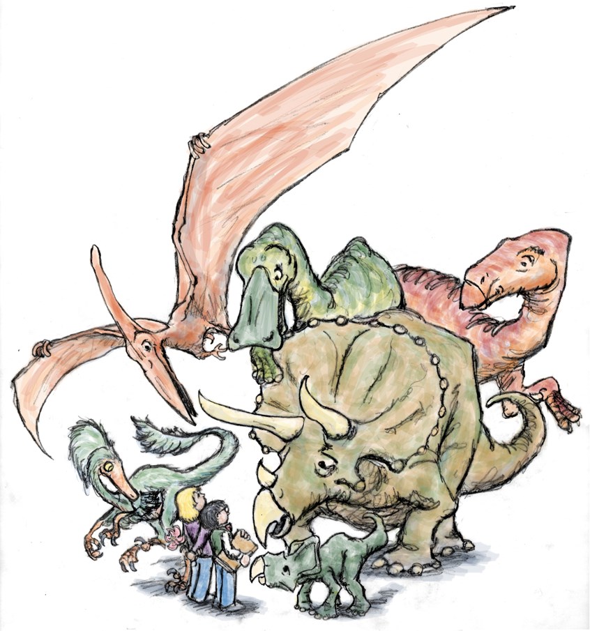 illustration of Poster Illustration for Vermont Children's Theater production of Magic Tree House, Dinosaurs Before Dark.
Triceratops, Pteranodon, Iguanodon, Poster, Protoceratops, Troodon, Poster, Vermont, Children's Production, Children, Musical, Children's Book, Picture Book, Person, Character Design, Character, Exaggeration, Comical, Line art, Pencil, Art, Artist, Illustrator, Design, Advertisement, Humorous, Children.